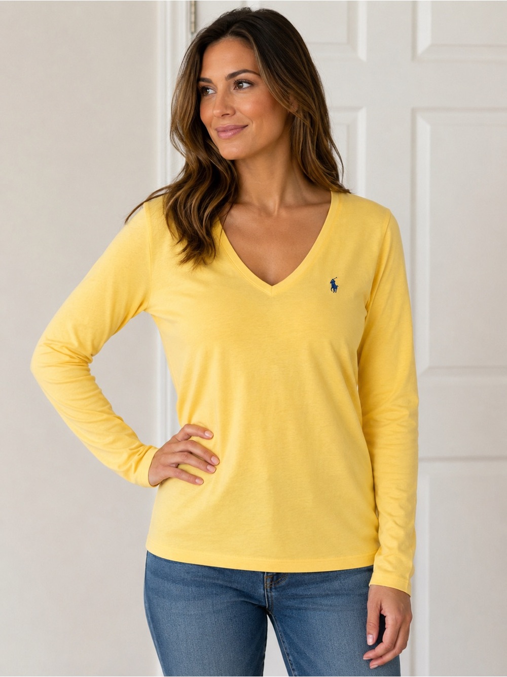 Ralph Lauren Sport Women’s XL Yellow Long Sleeve V-Neck Cotton Shirt Pony Logo